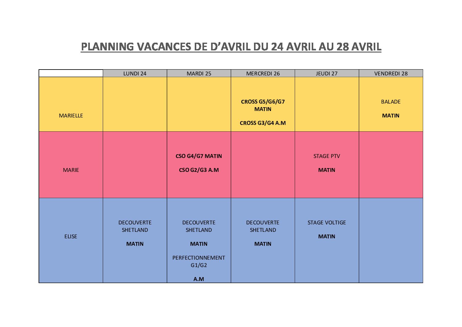 STAGES DEUXIEME SEMAINE D'AVRIL